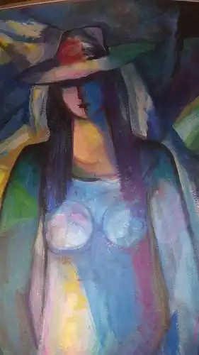 Rote Reiter Malergruppe Rudolf Hirschi 1917 Stuttgart – 2001 Mädchenakt stehend in Blau Violett  und Gelbtöne  grosses Acryl Mischtechnik Gemälde  links unten signiert  