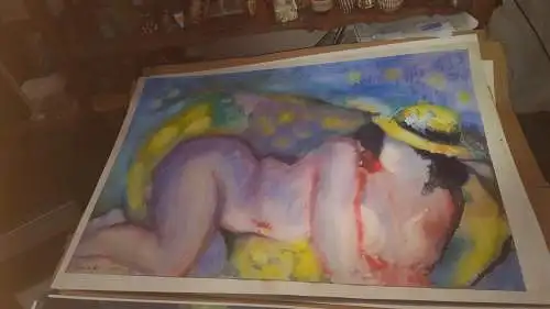 Rote Reiter Malergruppe Rudolf Hirschi 1917 Stuttgart – 2001 Mädchenakt auf den Knien liegend  in Blau Violett  und Gelbtöne  grosses Acryl Mischtechnik Gemälde  links unten signiert  