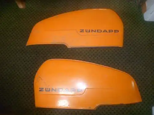 2 Stück rechts und links Zündapp R50 RS50 Roller Seitendeckel mit Spanfederklipp Top  in Orange und Emblem Zündapp