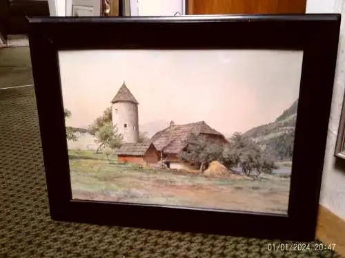 Viktor Mytteis (1874–1936) Original Aquarell 1921 | Wehrturm mit Bauernhof | Kärnten/Steiermark Moderne | Signiert & Datiert | Museumsqualität im Klavierlackrahmen