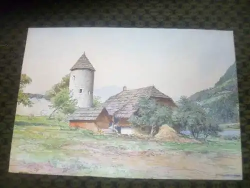 Viktor Mytteis (Schemnitz 1874 - 1936 Graz) an einem Sommertag gemalt "Wehrturm mit Bauernhof rechts Donau oder der Wörthersee 