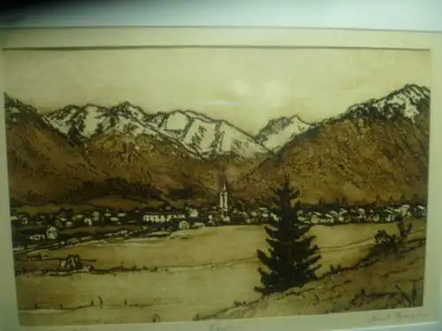 Ernst Thannheimer 1941- Oberstdorf  "Oberstdorf Panoramaansicht " farbige Radierung rechts signiert 