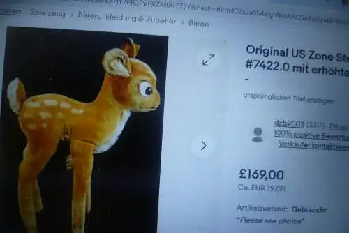 Steiff Samt Esel  1412/00 von 1949-1958 und  Samt Disney Bambi 7422/00 US Zone Fahne Knopf fehlend! aus den 1951-53 Jahren  ca10 x 15cm