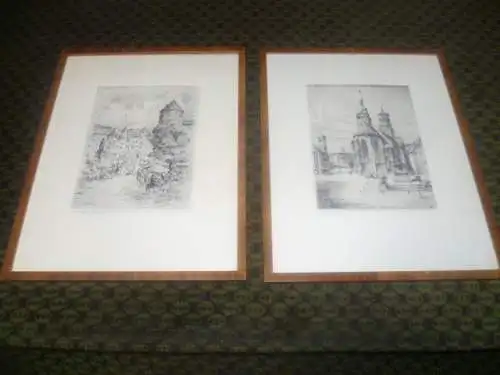 Konvolut mit 2 Radierungen Stuttgart Ansichten:Schlossplatz+Schillerplatz unleserlich signiert.