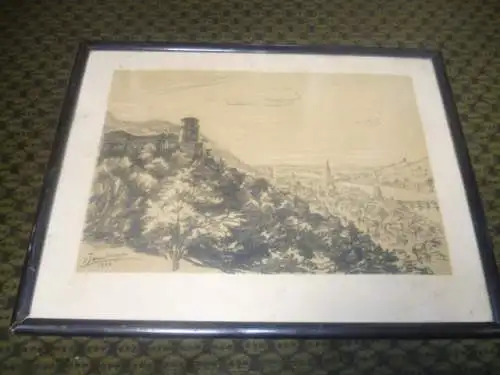 Tamberger V ? Heidelberg Schloss mit Sicht auf die Altstadt signiert von 1926 Lithographie