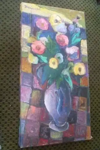 Rote Reiter Maler !! Rudolf Hirschi 1917 Stuttgart – 2001 hier in der Art des Edgar Degas " Sommerliches Blumenstillleben auf einem Tisch ”