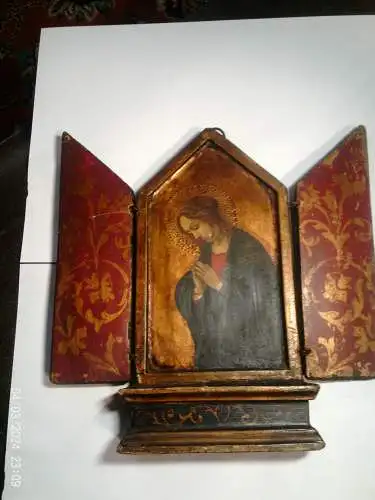 Reisealtar Hausaltar Italien oder Schweiz / Italien um 1740 Jahrhundert Kleines Tischtriptychon Florentiner Handwerkskunst Miniatur Triptychon Anbetung des Kindes von Correggio