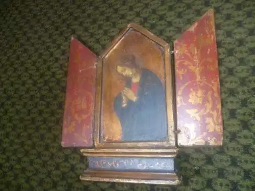 Reisealtar Hausaltar Italien oder Schweiz 18-19 Jahrhundert Kleines Tischtriptychon Florentiner Handwerkskunst Miniatur Triptychon Anbetung des Kindes von Correggio