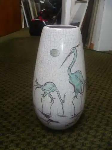 Modernist Silberdistel Etikett Vase 60 / 28 Craquelee Design Raku von Hand bemalt Motiv Kraniche Goldrand 29 cm