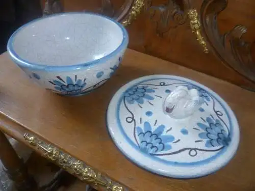 Keramik Deckelschale  Karlsruher Majolike Max Heinze ? Schwanenknauf