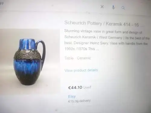 Heinz Siery Dekor Lora blaue Lauflasuren Mid Century Scheurich Keramik Vase Vintage 60 Ära H: 16cm  Formnummer: 414-16