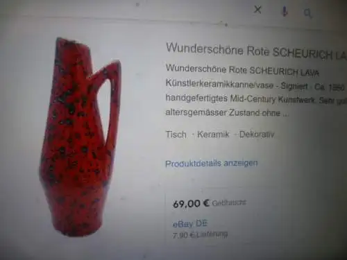 Heinz Siery Dekor Ferarrirot Lauflasuren Mid Century Scheurich Keramik Vase Vintage 60 Ära H: 16cm  Formnummer: 274-21