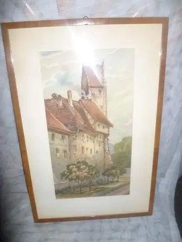 TH. Baur ak. Künstler/in des 19-20Jhd. " Meersburg Turm Altstadt" Aquarell sig. dat. 1913