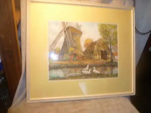 "Reet gedeckter Hof mit Windmühle Bachlauf und Enten " Monogramm : W.E. gemalt in den 1960 Jahren  Akademische Arbeit Realismus