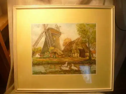 "Reet gedeckter Hof mit Windmühle Bachlauf und Enten " Monogramm : W.E. gemalt in den 1960 Jahren  Akademische Arbeit Realismus