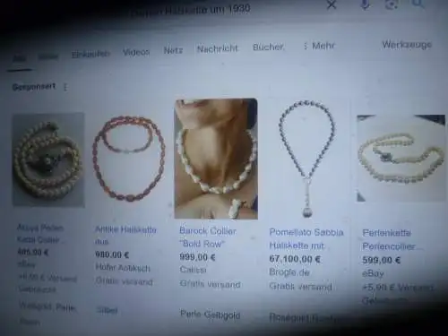 Antik Hochglanz Elfenbeinfarbene Süßwasser Perlenkette Collier echte 66 Perlen gleich verlaufend Durchmesser 4 mm weiß Länge 49cm Silberschließe 835 ~1930 