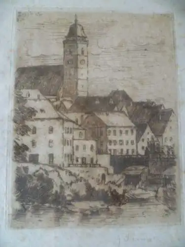 "KIrche mit Dorfidylle an einem Fluß mit Wehranlage" Gustav Kemmner  1875 Unterensingen - 1941 Stuttgart Mühlhausen Künstler und Graphiker