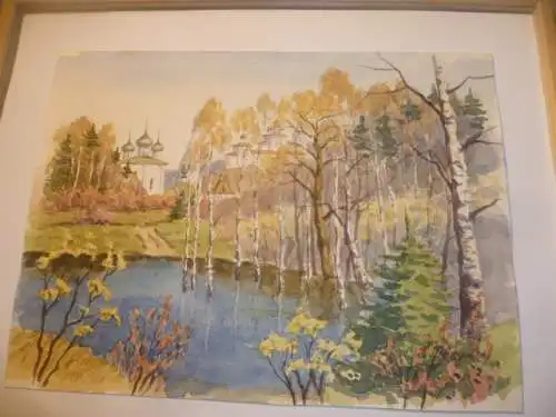 Aquarell russische Akademie -Schule " Blick auf Gorokhovets mit dem St. Nikolaus Kloster der Heiligen Dreifaltigkeit"