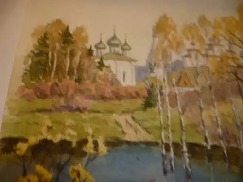 Aquarell russische Akademie -Schule " Blick auf Gorokhovets mit dem St. Nikolaus Kloster der Heiligen Dreifaltigkeit"