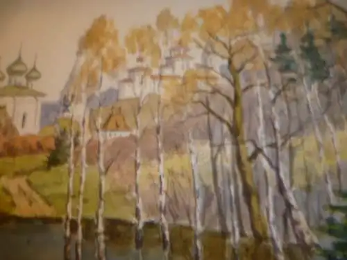 Aquarell russische Akademie -Schule " Blick auf Gorokhovets mit dem St. Nikolaus Kloster der Heiligen Dreifaltigkeit"