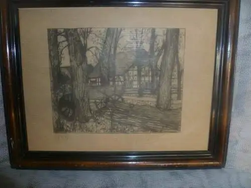 "Blick aus dem Wald auf ein Gehöft " Provenienz: Gardelegen Ernst Drawehn Lithographie Blatt 6/30