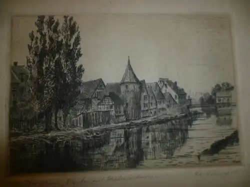 Karl Mergell 1870 - 1944 "Pforzheim Schelmenturm an der Enz" Radierung 