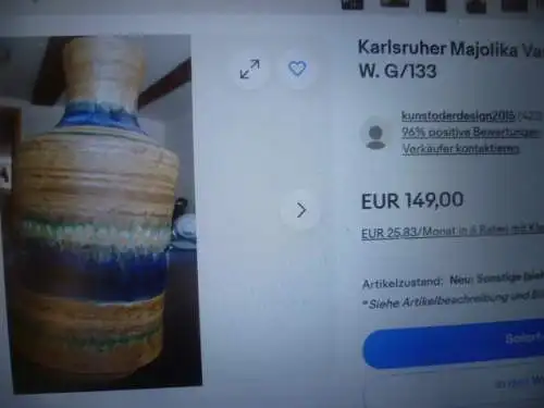  Fridegart Glatzle 1920 - 2015  Karlsruher Majolika Vase Moosgrün  blau beige Lauflasuren  H: 27cm 