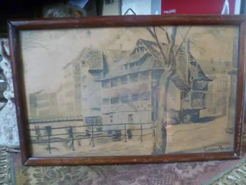 Postimpressionist : Lucien Adrion 1889 -1953 "Häuserfront in Straßburg" signiert Lucien Adrion  Kohlezeichnung original gerahmt 