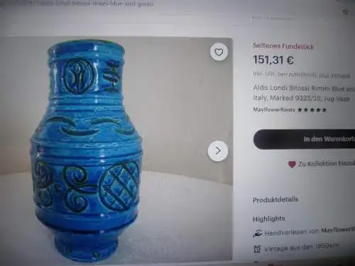 Aldo Londi Bitossi Rimini Blue and Green Vase, Italy, Marked 9323/2S, Jug Vase Höhe: 26 cm aus der Vitrine top! 