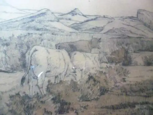 Herrmann ter Haar1867-1938 "Kühe in Landschaft" Farbradierung um 1900 selten!! links Titel   rechts signiert , in der Platte ebenfalls signiert