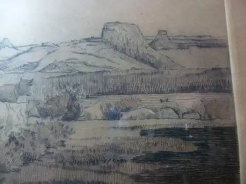 Herrmann ter Haar1867-1938 "Kühe in Landschaft" Farbradierung um 1900 selten!! links Titel   rechts signiert , in der Platte ebenfalls signiert