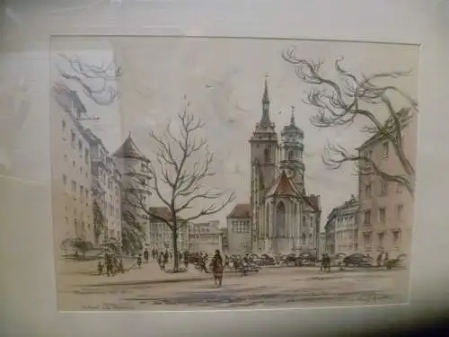 Walter Romberg 1898 Ulm -1973 Stuttgart) An der Stiftskirche in Stuttgart , mit Personen und Autos bewegte Strassenszene 