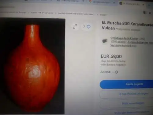 Vase Markenkeramik     Ruscha Keramik kleine Vase  Vulkano  Nr. 830 orange Lauflasur H: 16 cm 