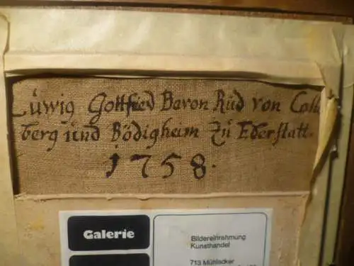 Thomas Huber 1700 Basel 1779 Hofmaler  Rüdt  von Collberg " Ludwig Gottfried Baron Rüdt non Collberg und Bödigheim "zu Ederstatt in Rüstung  verso Titel und 1758  Ölgemälde auf Leinwand Schweizer  Malschule Akademie Galerie gerahmt Masse: 35cm x...