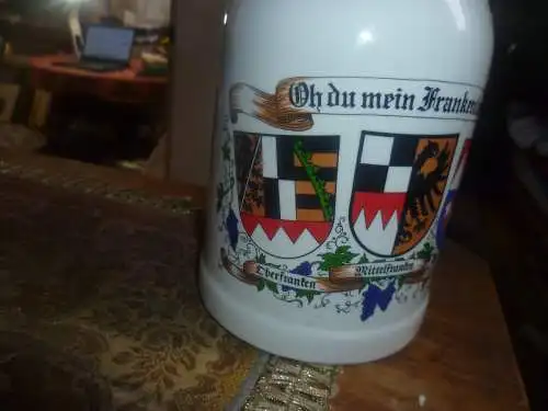 Bierkrug Frankenland "Oh du mein Frankenland" Ober Mittel Unterfranken um 1970  Zinndeckel Höhe: 18,5 cm mit Daumendrücker 0,5 Liter !