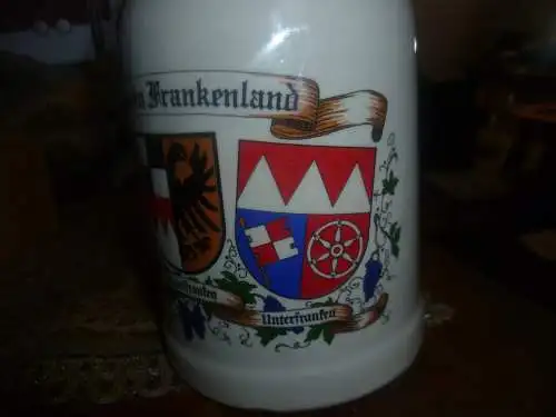 Bierkrug Frankenland "Oh du mein Frankenland" Ober Mittel Unterfranken um 1970  Zinndeckel Höhe: 18,5 cm mit Daumendrücker 0,5 Liter !