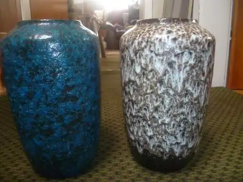 2 Stück Scheurich Oswald Kleudgen Super Colour Crusty  Fat Lave Vintage 60-70 Ära Tischvase Türkis und Möwneifarbe Lave Design Vase Modernist  Höhe 30 cm Gewicht : 2,4 kg