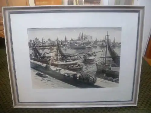 Guillermo Molina 1904 - 1975 "Hafen Palma de Mallorca " Aquarell auf Papier  70 cm – 50 cm 