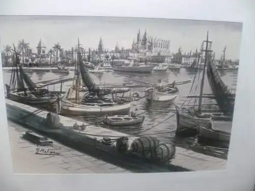 Guillermo Molina 1904 - 1975 "Hafen Palma de Mallorca " Aquarell auf Papier  70 cm – 50 cm 