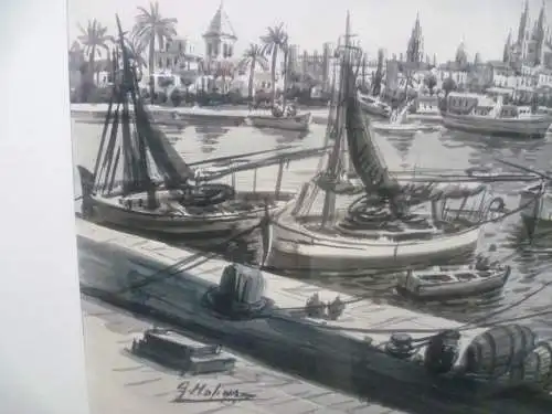 Guillermo Molina 1904 - 1975 "Hafen Palma de Mallorca " Aquarell auf Papier  70 cm – 50 cm 