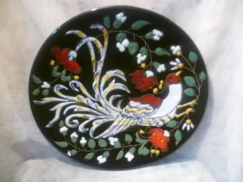 Ruscha  Hanns Welling   Emaile Dekor Keramik Wandteller Dekor Paradiesvogel  Vintage 50 Jahre