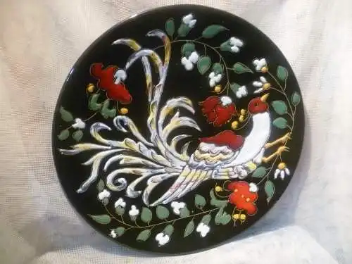 Ruscha  Hanns Welling   Emaile Dekor Keramik Wandteller Dekor Paradiesvogel  Vintage 50 Jahre