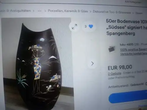 50er MARZI & REMY Form 1010 / 27 Fischmaul Vase handbemalt im Südsee Dekor signiert : E. Knopp