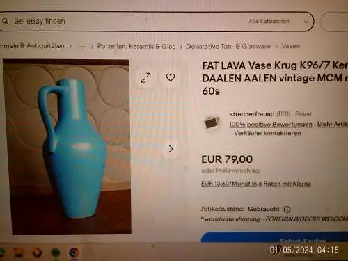 Van Daalen Aalen Keramik Henkel Vase Lauflasuren Möwengrau 60 Jahre H: 27 cm