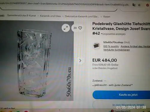 Podebrady Glashütte Tiefschliff-Kristallvase,Design Josef Svarc er lebte von 1928 bis 2016 