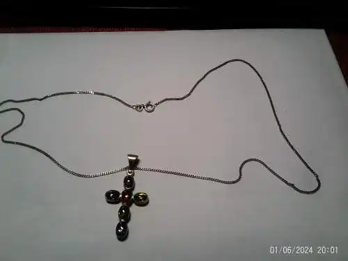 Silber 925  Halbedelsteine besetztes Kreuz mit Halskette 925