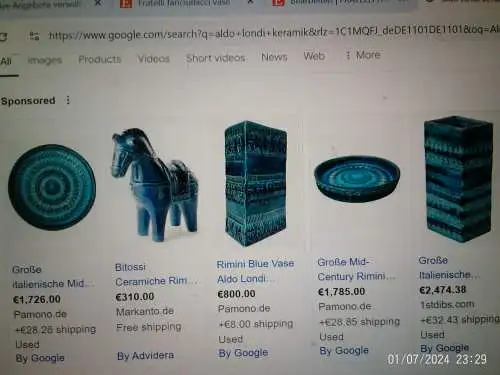 Aldo Londi Bitossi Rimini Blue and Blue Vase, Italy, Marked 711/2S, Jug Vase Höhe: 26 cm aus der Vitrine top! 