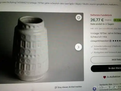 2 Stück berühmtes Dekor INKA herrlich weiss Vase 60er Jahre Scheurich 416 26+260 18 Höhen : 27 und 18 cm 