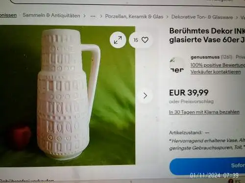 2 Stück berühmtes Dekor INKA herrlich weiss Vase 60er Jahre Scheurich 416 26+260 18 Höhen : 27 und 18 cm 