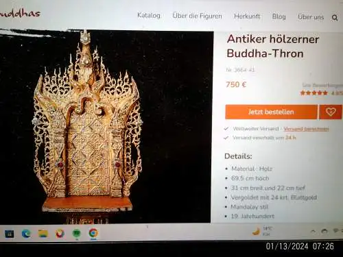Antiker hölzerner Buddha-Thron um 1900 originale Fassung Goldfarben !